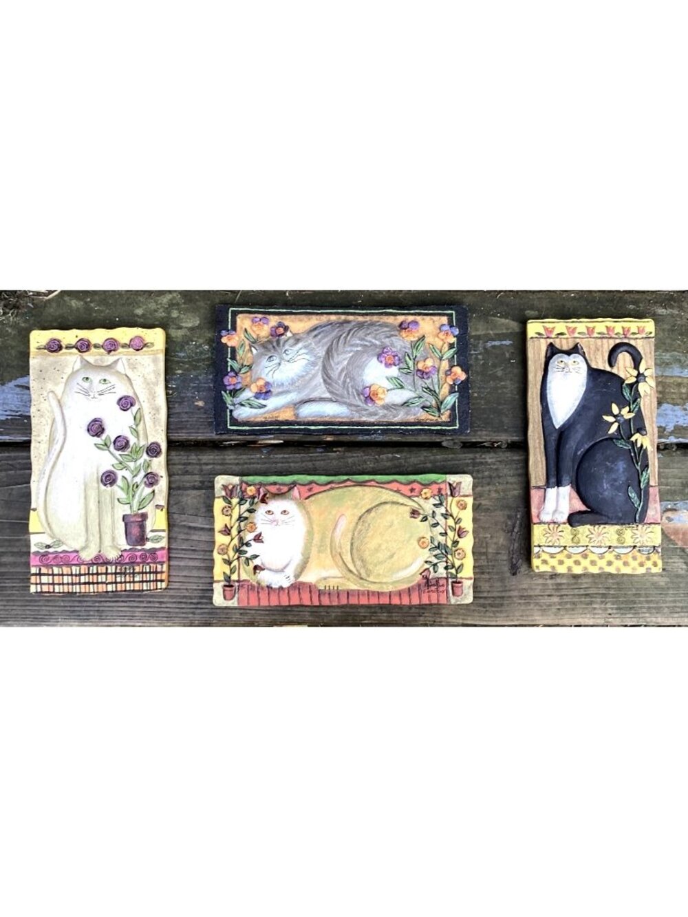 Set Of 4 Cat Wall Decor E Smithson Folk Wall Art 3D Resin Fatmhouse Kitty 8 X 3"